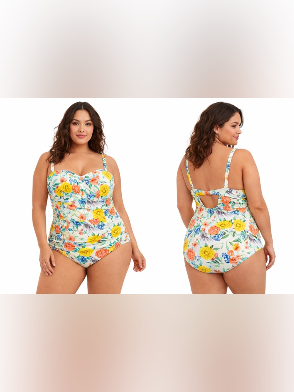 torrid White Floral One-Piece Swimsuit with Yellow & Orange Blooms